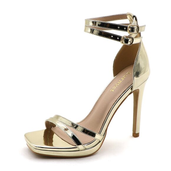 Women's Gold Double Ankle Strap High Heel Sandals Stiletto Platform Dress Shoes - Picture 5 of 7